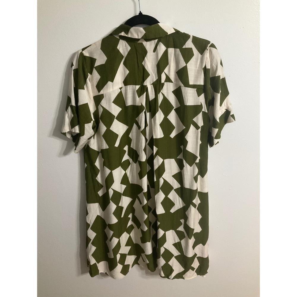 THML Olive Green White Geometric Abstract Print Button Down Shirt Dress S - Picture 2 of 4